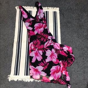 Women's Pink Floral Midi Dress - Sleeveless V-Neck